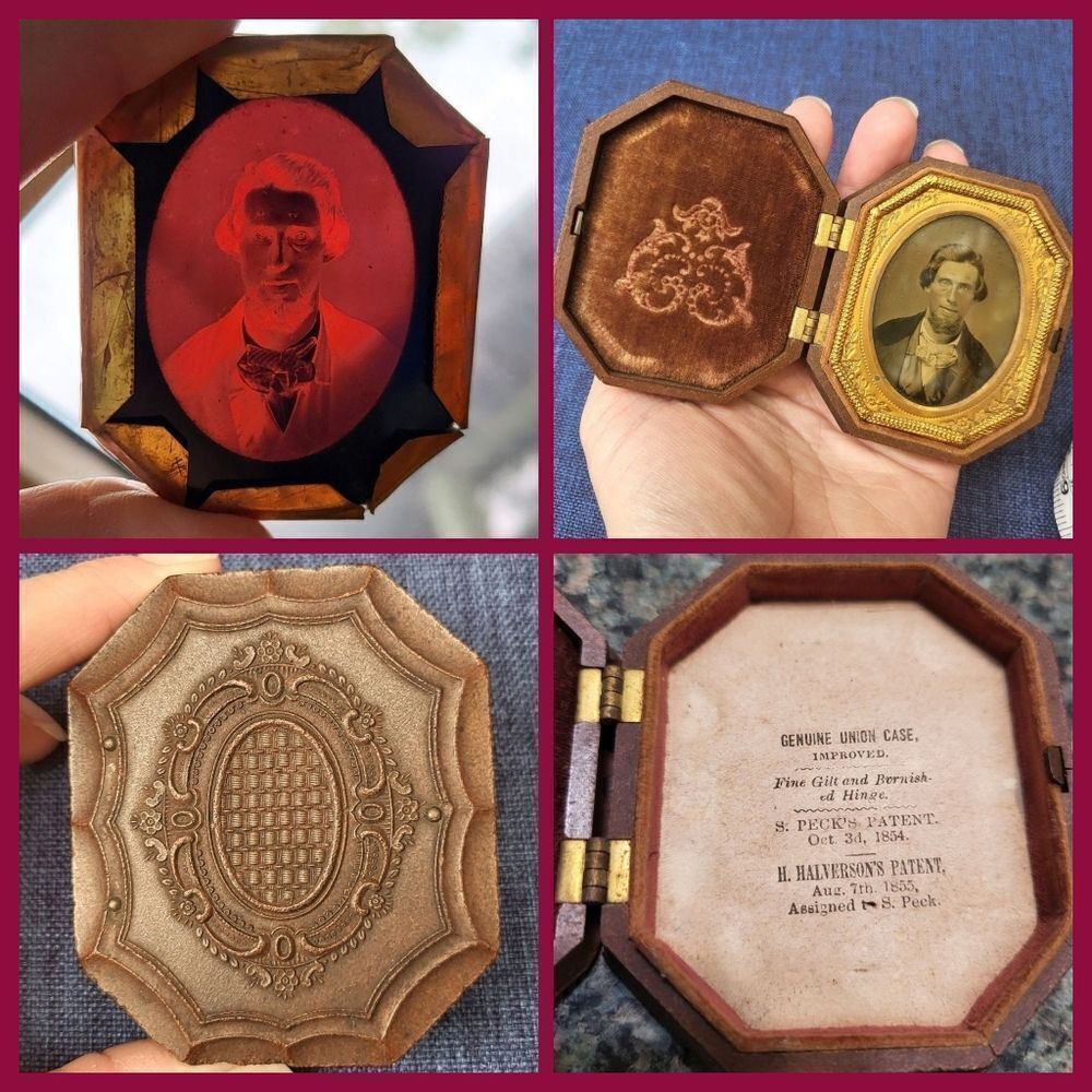 Very old union photo case with ruby ambrotype photograph & 1854 patent